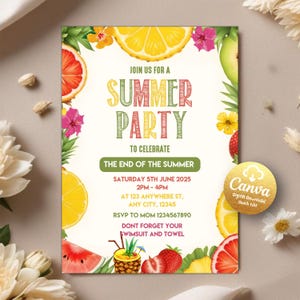 End of Summer Party Invitation, Summer Party Invitation, Summer Invites, Summer Birthday Party Invite, Pool Party, Editable Canva Template
