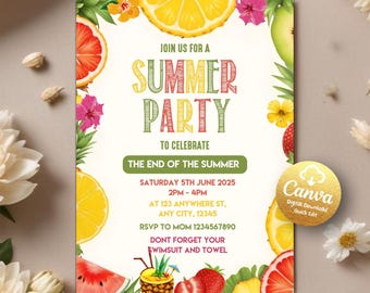 Invitación a fiesta de fin de verano, invitación a fiesta de verano, invitaciones de verano, invitación a fiesta de cumpleaños de verano, fiesta en la piscina, plantilla editable de Canva