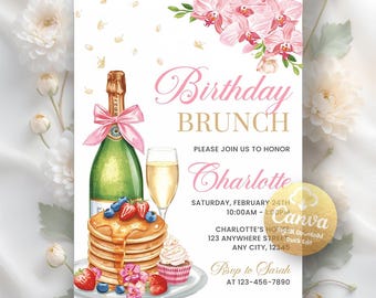Convite para Brunch de Aniversário com Flores em Pêssego Rosa, Flyer para Brunch, Convite para Festa com Champanhe, Flyer para Panqueca, Modelo Editável do Canva