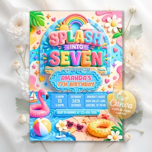 May include: A colorful invitation for Amanda's 7th birthday party, featuring a pool theme. The design includes a rainbow, a flamingo float, and the text "Splash into Seven." The invitation also includes the date, time, and location.