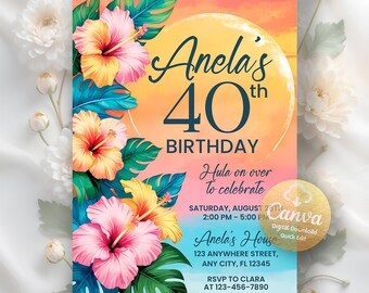 Tropical Birthday Invitation, Hawaiian Pineapple Birthday Invitation, Luau Invitation, Aloha Party Printable Invite, Editable Canva Template