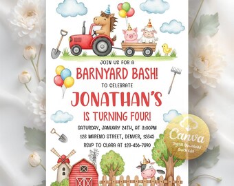 May include: A digital invitation for a barnyard-themed birthday party. The design features a red tractor driven by a horse, pulling a cart with a pig and a sheep. The text reads "Barnyard Bash" and "Jonathan's is turning four!"