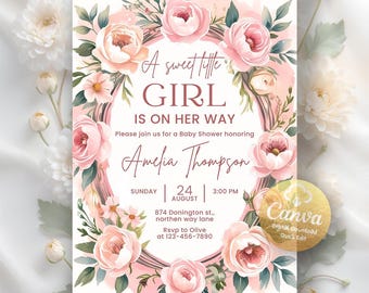 Boho Baby Clothes Shower Invitation, Bohemian It's a Girl Invite, Wildflower Baby Shower Printable Digital Download, Editable Canva Template