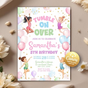 Gymnastics Birthday Invitation, Girl Gymnastics Birthday Party Invite, Jump Tumble And Play, Gymnastics Invitation, Editable Canva Template