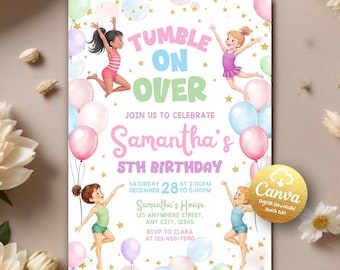 Invitación de cumpleaños de gimnasia, invitación de fiesta de cumpleaños de gimnasia para niñas, salto, voltereta y juego, invitación de gimnasia, plantilla editable de Canva