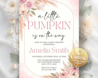 May include: A baby shower invitation with a watercolor design. The text reads "a little PUMPKIN is on the way" in pink and black script. The invitation includes details for Amelia Smith's baby shower, with floral and pumpkin illustrations.