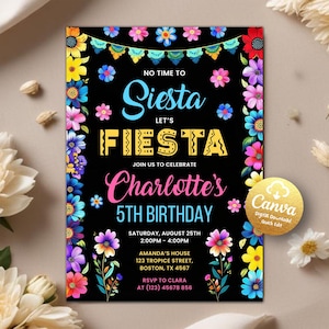 Fiesta Birthday Invitation, Mexican Theme Invitation, Fiesta Invitation, Mexican Bright Colorful Florals Invite, Editable Canva Template
