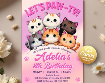 Cat Themed Birthday Invitation, Cat Party Invite, Cat Birthday Invitation, Cat Invitation, Are you kitten me Invite, Editable Canva Template