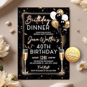 Birthday Dinner Invitation Template, Black Rehearsal Dinner Invite, Birthday Dinner Invitation, Dinner Party Invite, Editable Canva Template