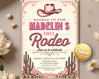 First Rodeo birthday invitation, 1st Rodeo Invite, Cowgirl Theme Invitation, Wild West Western, Rodeo Birthday, Editable Canva Template