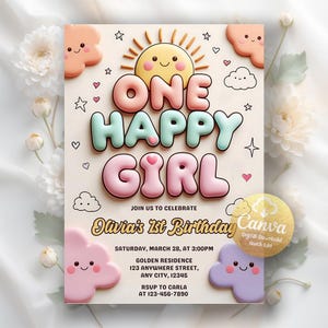 One Happy Girl Birthday Invitation, 1st Birthday Invitation, Girl First Birthday Invitation Sun Invitation Sunshine, Editable Canva Template
