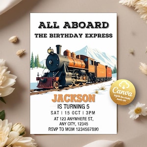 Train Birthday Invitation, Train Printable Invite, All Aboard Boys Birthday Invite, Train Party, Boys Birthday, Editable Canva Template