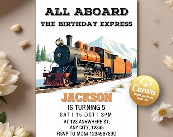 May include: A birthday invitation featuring a vintage-style train engine in a snowy mountain landscape. The text reads "All Aboard The Birthday Express" and "Jackson is turning 5". The invitation includes the date, time, and location of the party, as well as an RSVP number.