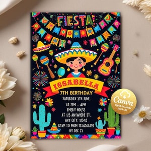 Fiesta Birthday Invitation, Mexican Theme Invitation, Fiesta Invitation, Mexican Papel Birthday Invite, Fiesta Party,Editable Canva Template