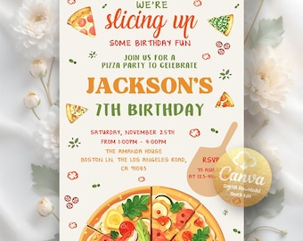May include: A birthday party invitation with a pizza theme. The invitation features the text "We're slicing up some birthday fun" and "Jackson's 7th Birthday". The invitation includes pizza slice illustrations and event details.