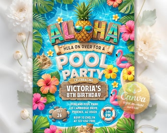 Puede incluir: Una invitación rectangular para una fiesta en la piscina con una piña con gafas de sol, flores de hibisco tropicales, hojas de monstera y flamencos rosas. El texto dice ALOHA, HULA ON OVER FOR A POOL PARTY, CELEBRATING VICTORIA'S 8TH BIRTHDAY, JULY 26.