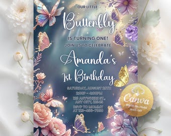 Convite de aniversário de borboleta, convite de borboleta para menina, convite de borboleta roxa, convite de primeiro aniversário, modelo digital editável do Canva