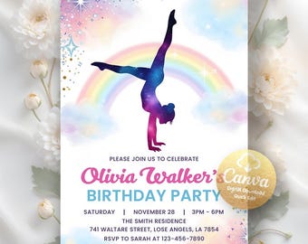 Faire-part d'anniversaire de gymnastique, invitation d'anniversaire fille gymnastique arc-en-ciel, gymnastique aquarelle, téléchargement numérique, modèle de toile éditable