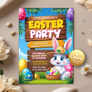 May include: An Easter party invitation with a cartoon bunny holding a basket of colorful eggs. The invitation features a wooden sign with the text "You're invited for an Easter Party" and details about the event, including the date, time, and location. The invitation is decorated with green leaves and colorful Easter eggs.