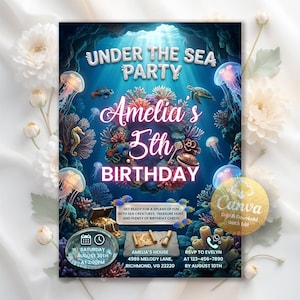 Under the Sea Neon Birthday Invitation, Ocean Theme Birthday Invite, Calling All Sea Animals, Sea Creature Invite, Editable Canva Template