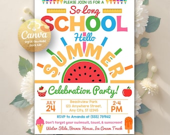 Pode incluir: Um convite colorido para uma festa de celebração de verão. O design apresenta as palavras "So Long School, Hello Summer" com um gráfico de melancia. Inclui detalhes da festa: data, hora, local e informações de RSVP.