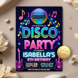 Disco Party Birthday Invitation, Disco Gender Neutral Invites, Dance Party Template, Neon Party Invites, Glow Party, Editable Canva Template