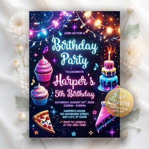 Neon Lights Birthday Invitation, Lets Party invitation, Glow Party Neon Birthday Invitation, Any Age birthday party, Editable Canva Template