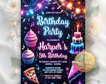 Neon Lights Birthday Invitation, Lets Party invitation, Glow Party Neon Birthday Invitation, Any Age birthday party, Editable Canva Template