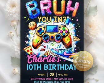 BRUH YOU IN? Neon Gamer Birthday Invitation, Neon Lights for High-Energy Gaming Parties, Level Up Birthday Invite, Editable Canva Template