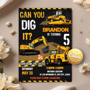 Faire-part d'anniversaire de construction, faire-part de construction, invitation à une fête de camion à benne basculante, fête de la construction, anniversaire de garçon, modèle de toile modifiable