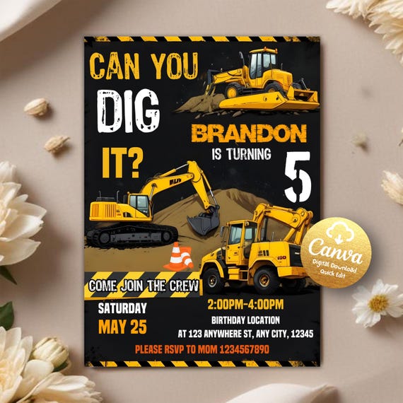 Construction Birthday Invitation, Construction Invitation, Dump Truck Party Invite, Construction Party, Boy Birthday,Editable Canva Template