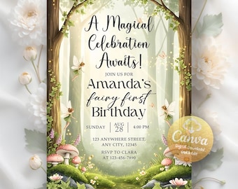 Fairy First Birthday Invitation, Enchanted Garden Theme Fairy Birthday Invite, Girl 1st Birthday, Digital Download, Editable Canva Template
