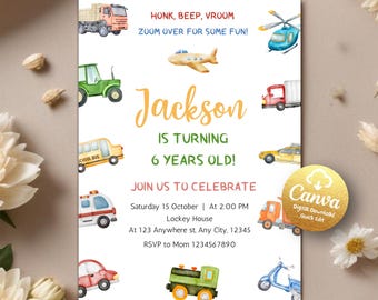 Transportation Birthday Invitation, Honk, Beep, Choo Choo, Train, Truck Birthday Invitation, Cars Birthday Invite, Editable Canva Template