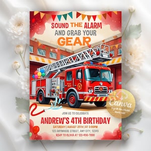 Puede incluir: Invitación digital para una fiesta de 4º cumpleaños con un camión de bomberos rojo y una escalera. Incluye el texto "Sound the Alarm and Grab Your Gear" y detalles de la fiesta. También hay globos y una manguera de agua.