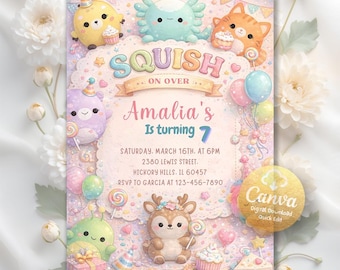May include: A pastel-colored birthday party invitation with the text "Squish On Over" and "Amalia's is turning 7". The design features cartoon animals, balloons, and sweets. The invitation includes event details and RSVP information.