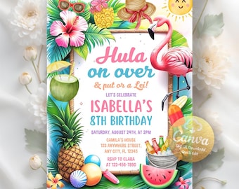 Invitación de cumpleaños con tema hula sobre piña, invitaciones de cumpleaños tropicales, invitación de cumpleaños hawaiana tropical para niña, plantilla editable de Canva