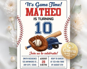 May include: A baseball-themed birthday invitation with the text "It's Game Time!" and "MATHEO IS TURNING 10." The design includes a baseball glove, bat, helmet, and baseball. Details include the date, time, and RSVP information.