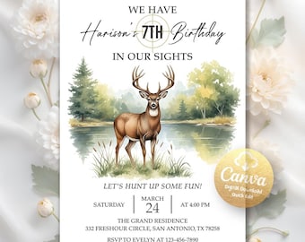 Invitación de cumpleaños con temática de caza de ciervos, invitación de cumpleaños con temática de ciervos, invitación con temática de bosque, invitación al aire libre, plantilla editable de Canva