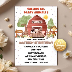 Editable Farm Birthday Invitation, Barnyard Birthday Invite, Farm Animals First Birthday Party, Farm Invitation, Editable Canva Template