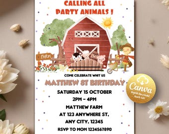 Editable Farm Birthday Invitation, Barnyard Birthday Invite, Farm Animals First Birthday Party, Farm Invitation, Editable Canva Template