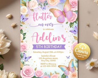 Butterfly Birthday Invitation, Butterfly Invitation, Whimsical Floral Butterfly Invite, Girl 1st Birthday Invite, Editable Canva Template