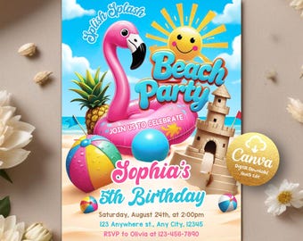 Editable Beach Party Birthday Invitation, Beach Party Invitation, Summer Party Invitation, Pool Party Invitation, Editable Canva Template
