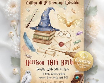 May include: A whimsical invitation with the text "Calling all Witches and Wizards." Features a wizard hat, books, a wand, and an owl. The invitation is for Harrison's 10th birthday, with the date, time, and address included.