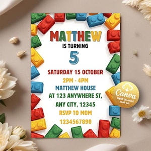 Editable Building Blocks Birthday Invitation, Blocks Invitation, Boy Building Block Party, Building Bricks Birthday, Editable Canva Template