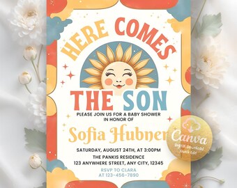 Here Comes the Son Baby Shower Invitation, Sunshine Baby Shower Invitation, Boy Boho Sonshine Shower Invitation, Editable Canva Template