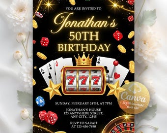 Casino Birthday Invitation, Poker Birthday Party, Casino Night Retirement, Playing Cards Poker, Digital Download, Editable Canva Template