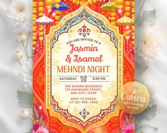Mehndi Einladung Rot Gold Floral indische Hochzeit Haldi einladen mit Regenschirm Mehndi Dekor Henna, Hochzeitseinladung, bearbeitbare Canva Vorlage