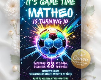 Neon Soccer Invitation, Neon Soccer Invite, Sports Invitation, Football Invite, Sneakerball Birthday Digital Invite, Editable Canva Template