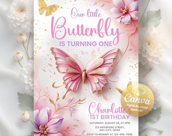 Convite de aniversário de borboleta, festa de borboleta para meninas, convite de aniversário de borboleta rosa, convite de primeiro aniversário, modelo editável do Canva