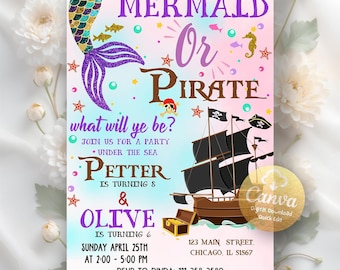 Op de afbeelding: Een uitnodiging voor een feestje met een zeemeermin- en piratenthema. De uitnodiging toont een zeemeerminstaart, een piratenschip en de tekst "Mermaid or Pirate?" De uitnodiging bevat feestdetails en RSVP-informatie.